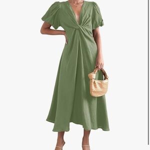 Amazon Green Puff Sleeve Midi Dress